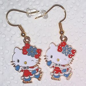 Hello Kitty Holiday Floral  Earrings.Red White Blue Gold Enamel Earwires NEW